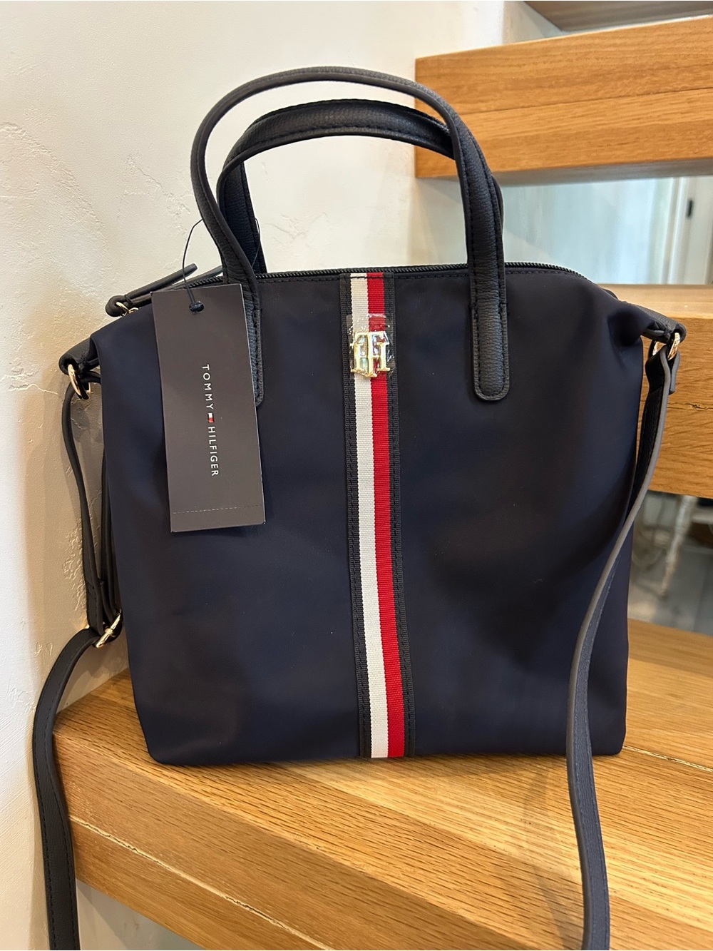 NWT Tommy Hilfiger Navy Shoulder Bag with Red & White Center Stripe